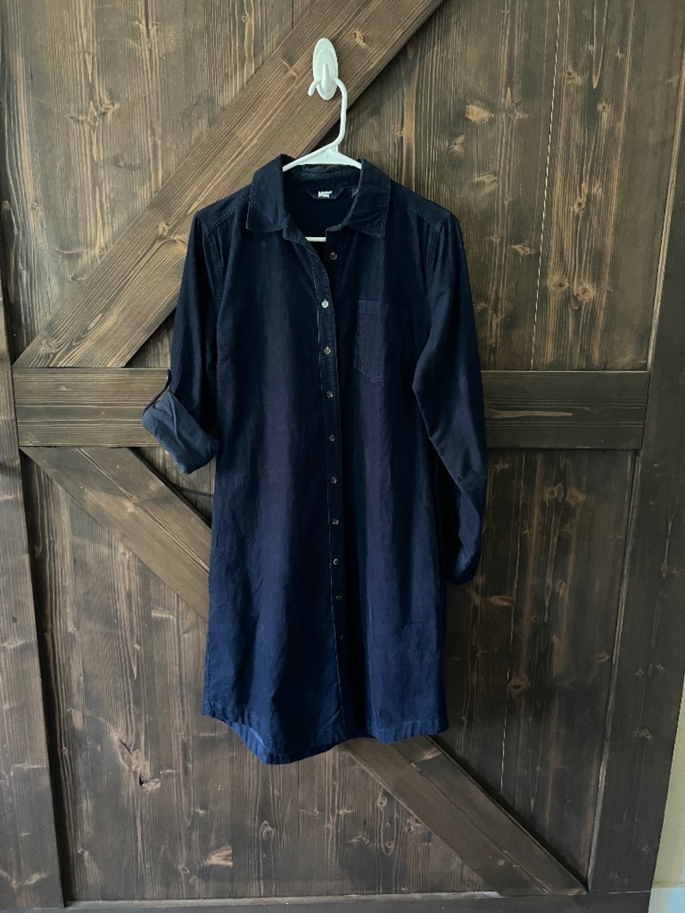 Lands’ End 100% Cotton Corduroy Shirt Dress Navy Button Front Pockets Size Small